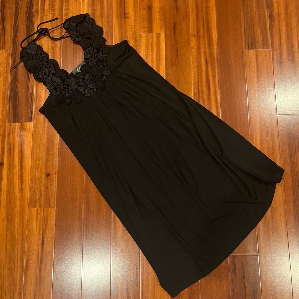 HERA Black Dress Floral Applique Neck Sleeveless Flowy Cocktail Knee Length XS